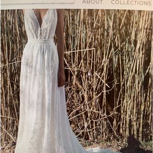 Designer wedding gown. Flora Dalphin: plunge V-neck with open back.